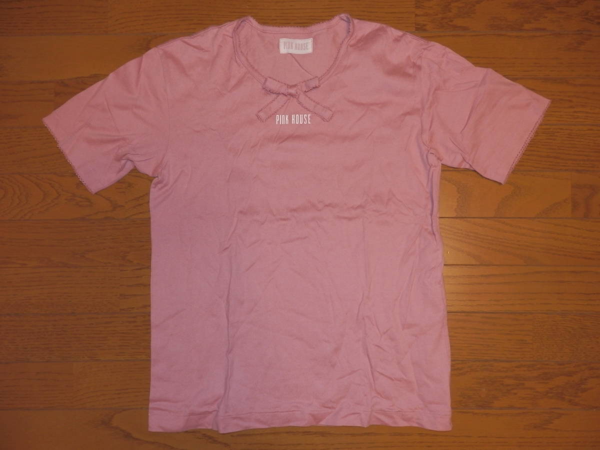 USED品★PINK HOUSE ピンクハウス リボン付き 半袖Tシャツ L 日本製 ピンク_画像1