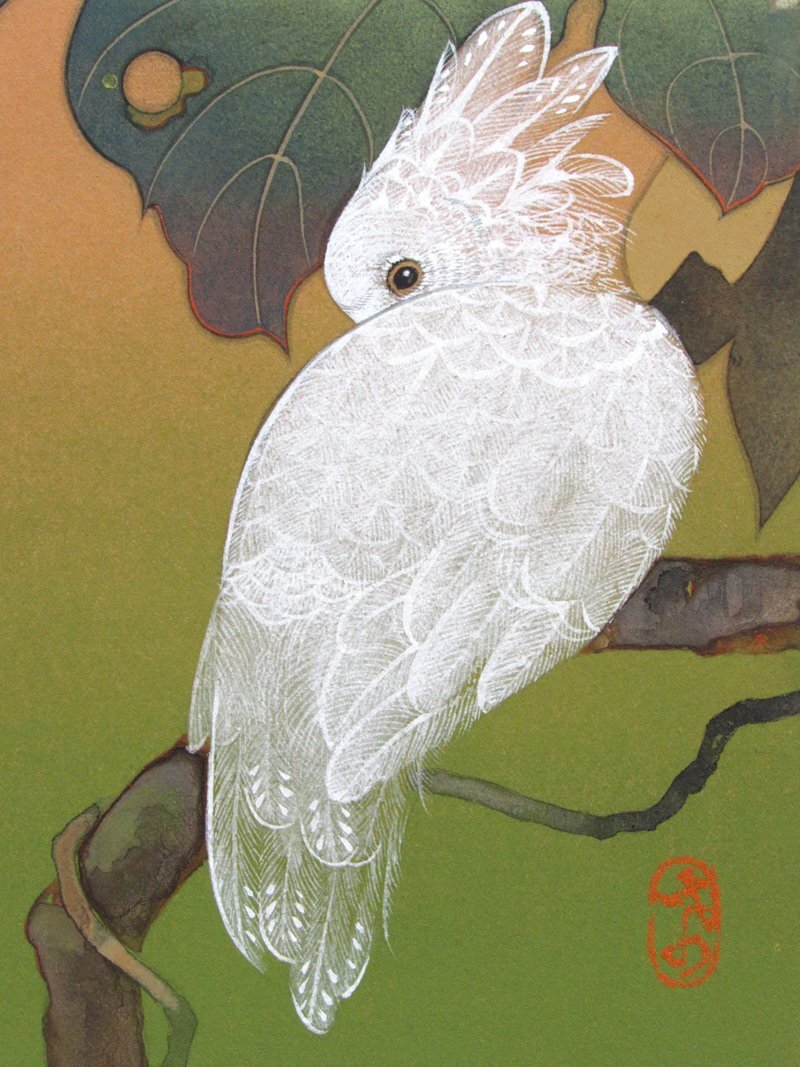 【GINZA絵画館】石川幸奈　日本画０号「ひそやかに」オウム・鳥・共シール・現代の美人画家・手ごろなサイズ・１点もの　Z46G0H8H5J4K4P_画像6