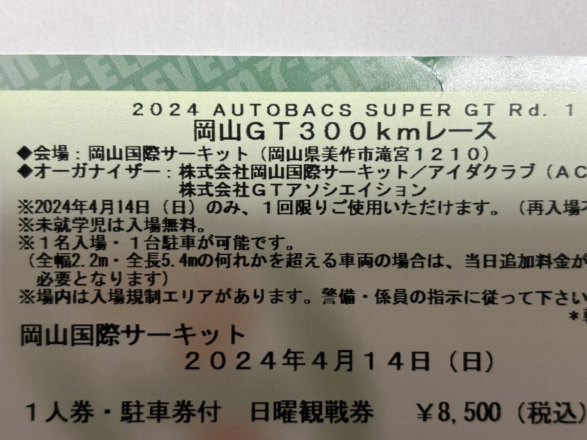 2024スーパーGT SUPERGT 岡山 開幕戦 観戦券＋駐車券(1人用),の画像1