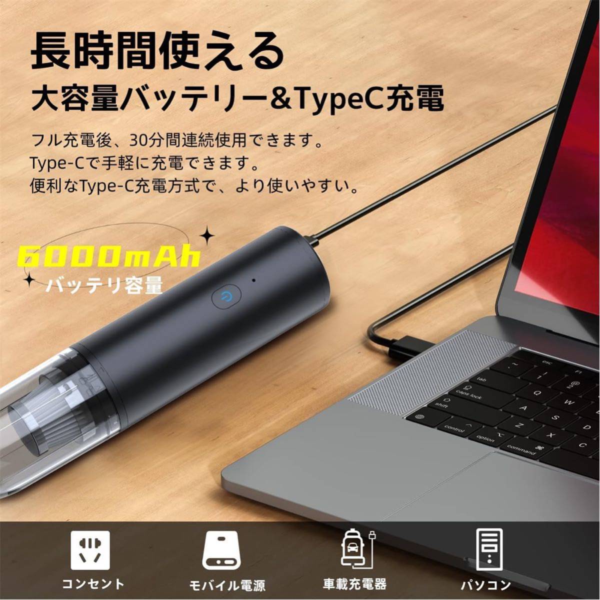 ハンディクリーナー 車用掃除機 コードレス 10000Pa 6000mAh 卓上クリーナー 多機能ミニ掃除機 ハンディ掃除機 強力吸引力 小型クリーナーの画像3