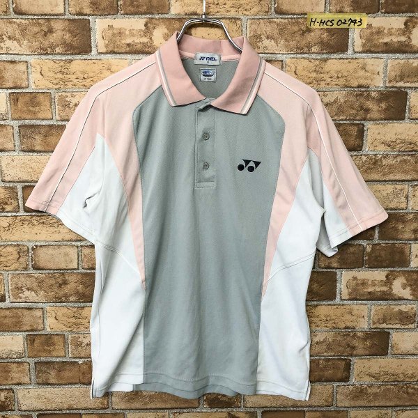 YONEX ヨネックス メンズ ロゴ刺繍 ドライ スポーツ 半袖ポロシャツ 白 × ピンク × グレー M_画像1