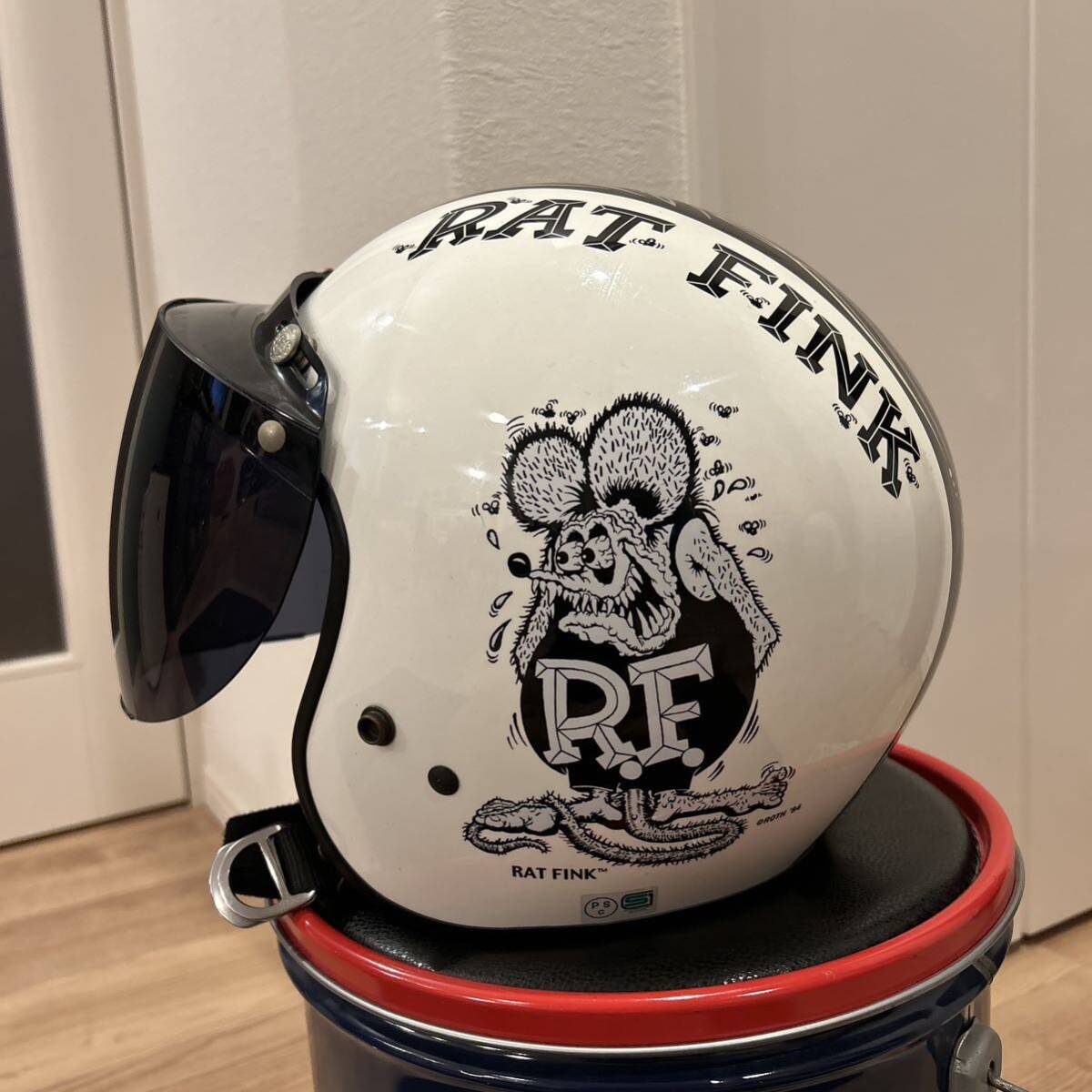 希少）RAT FINK ラットフィンク ピンストライプ ヘルメット XL ジェットヘルメット ムーンアイズ ローライダー アメリカン SHOEIの画像2
