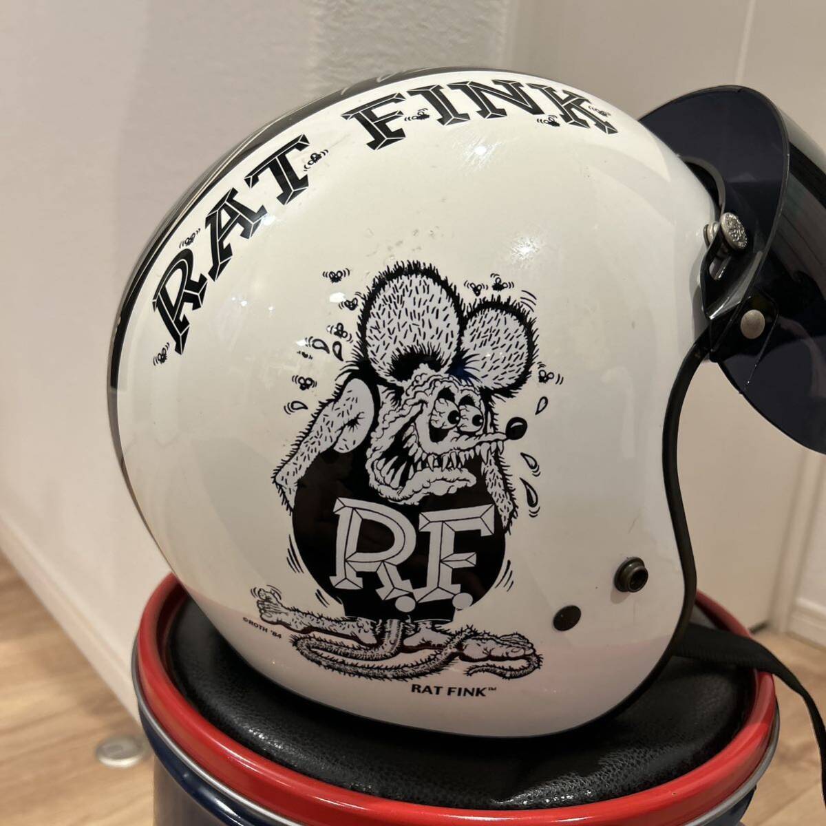 希少）RAT FINK ラットフィンク ピンストライプ ヘルメット XL ジェットヘルメット ムーンアイズ ローライダー アメリカン SHOEIの画像4