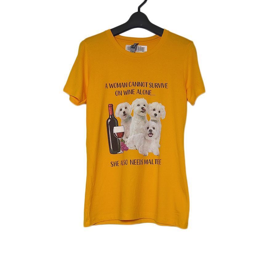 新品 tシャツ 犬とワイン プリントTシャツ 半袖 レディース Mサイズ 黄色系 ティーシャツ 動物プリント_画像1