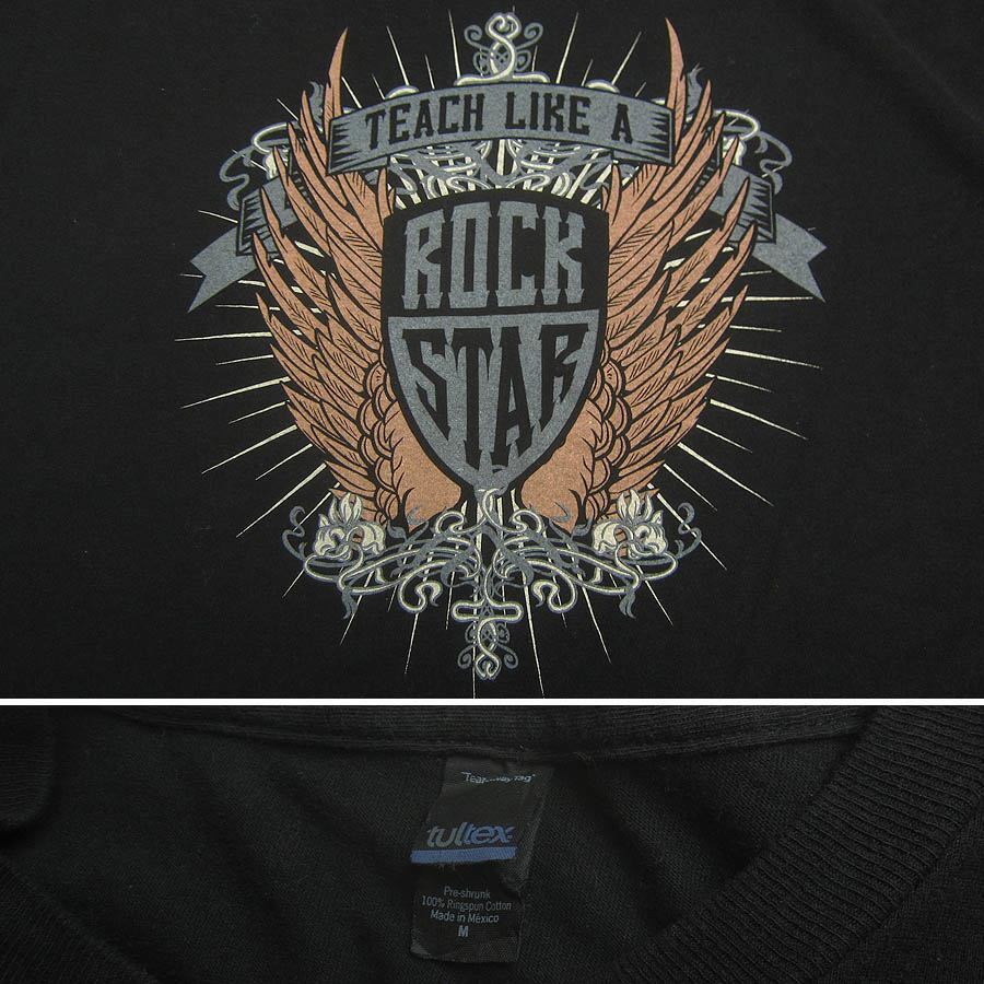 tultex プリントTシャツ TEACH LIKE A ROCK STAR 黒 半袖 メンズ Mサイズ 黒色 ティーシャツ tシャツ ユーズド 古着_画像3