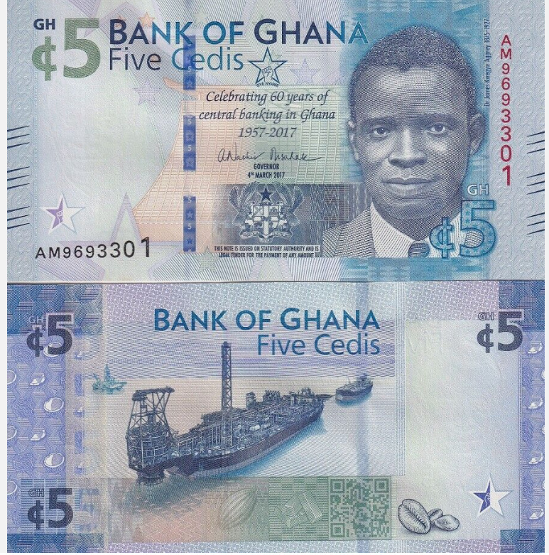 格安! 100yen~ ガーナ 中央銀行60th 記念紙幣 5Cedis 未使用の画像1