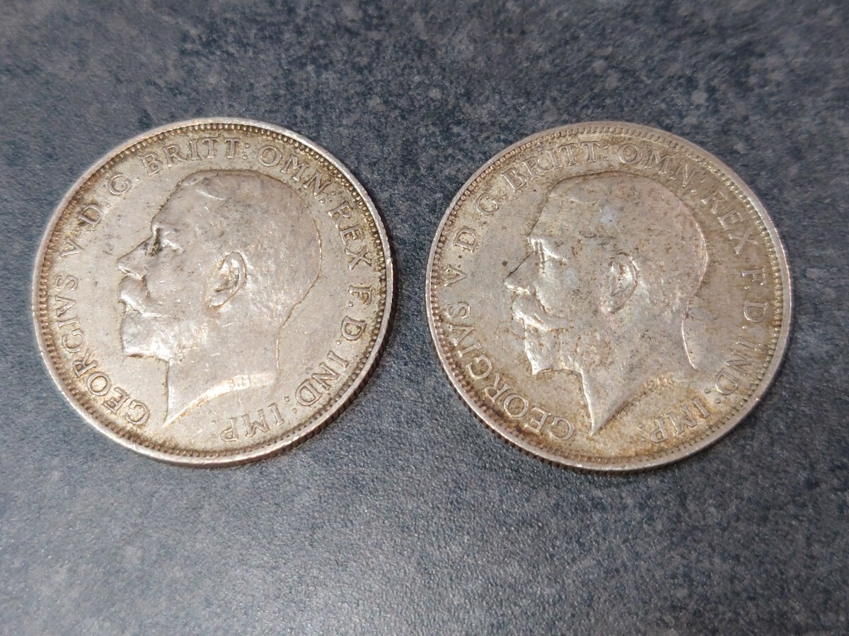 （1円スタート）イギリス　ジョージ5世　1フローリン　銀貨　1918年 1915年　2枚セット　銀 品位.925　アンティーク スターリングシルバー_画像1