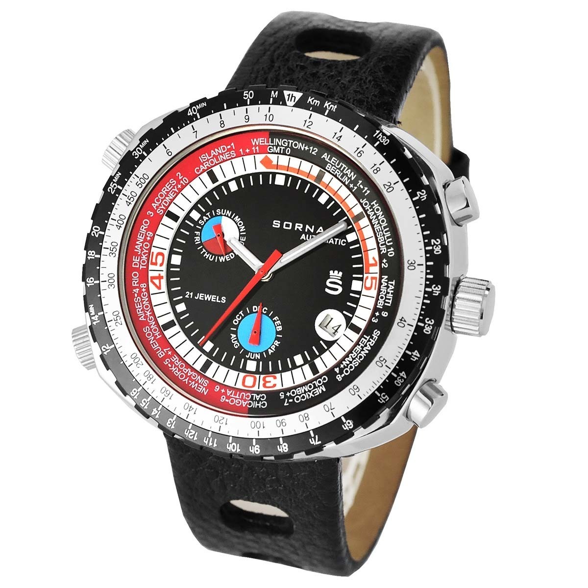 SORNA ソルナ 自動巻き 複刻新品 腕時計 カレンダー GMT（ワールドタイム） タキメーターベゼル [T21707-BLACK]_画像1