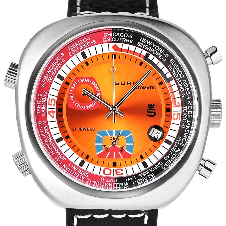 SORNA ソルナ 自動巻き 複刻新品 腕時計 カレンダー GMT（ワールドタイム） タキメーターベゼル T23766-ORANGE_画像3