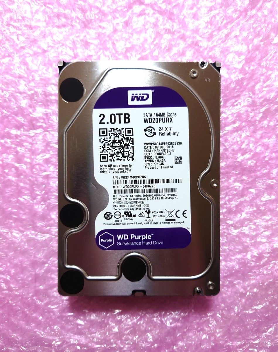 Western Digital WD20PURX 2TB HDD 使用時間491時間 DIGA 監視カメラ