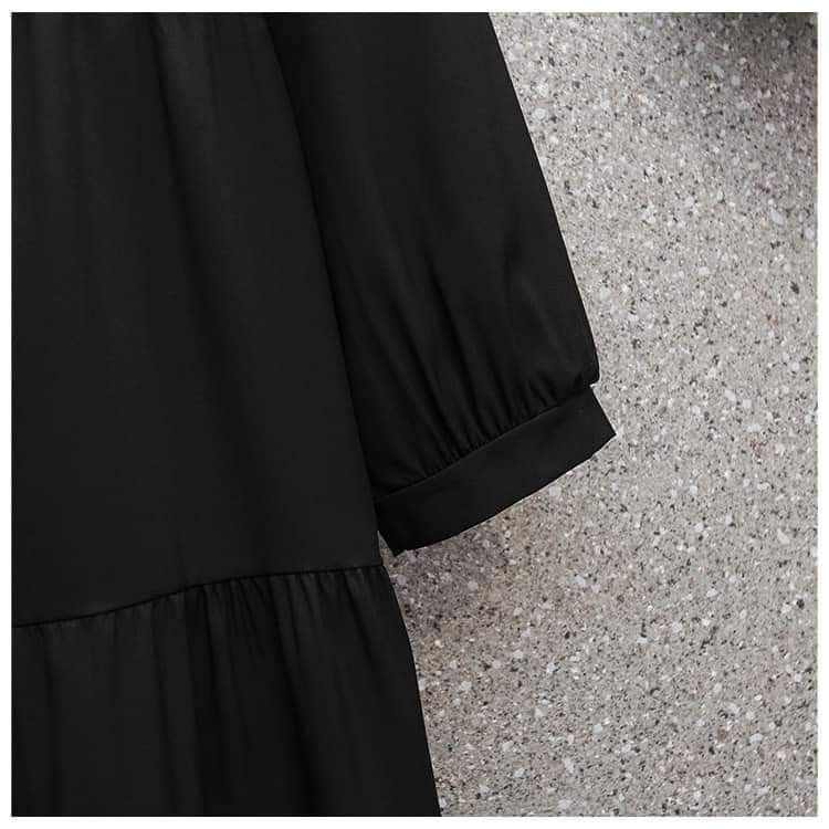 セール  新品 春物 2XL 体型カバー ティアード ワンピース 大人可愛い 黒 黒色 Aライン 長袖 ふんわり 大きいサイズ 
