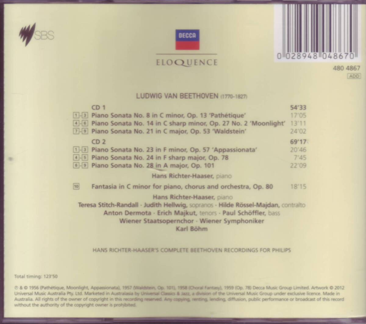 ●[濠Eloquence2CD廃盤]リヒター＝ハーザー(Pf)/ベートーヴェン:ピアノ・ソナタ集+合唱幻想曲/ベーム＆ウィーン響の画像2