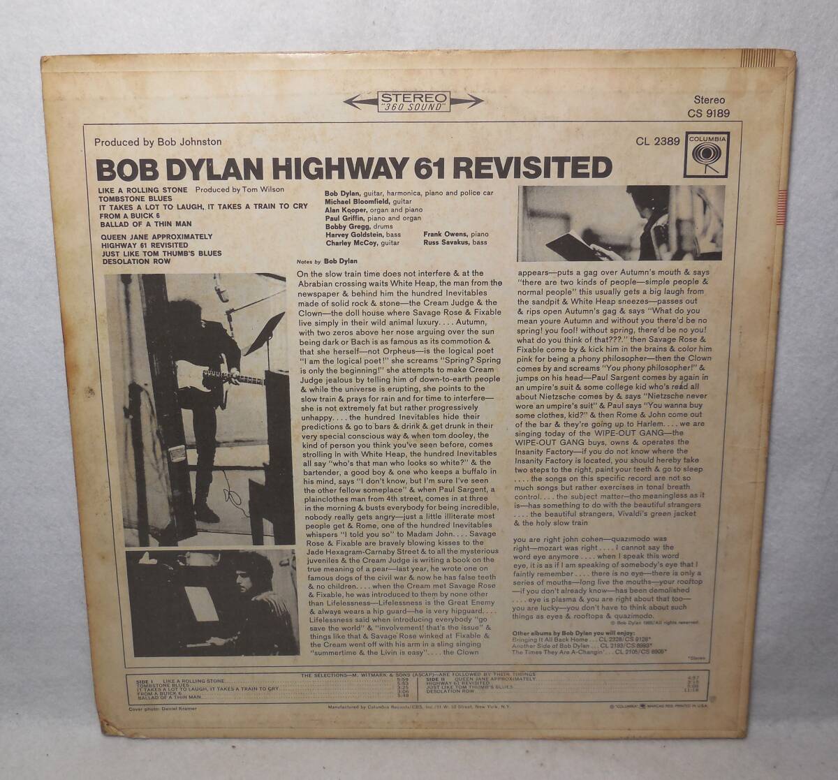 ボブ・ディラン/BOB DYLAN「HIGHWAY 61 REVISITED」 LPレコード US盤 STEREO COLUMBIA CS9189の画像9