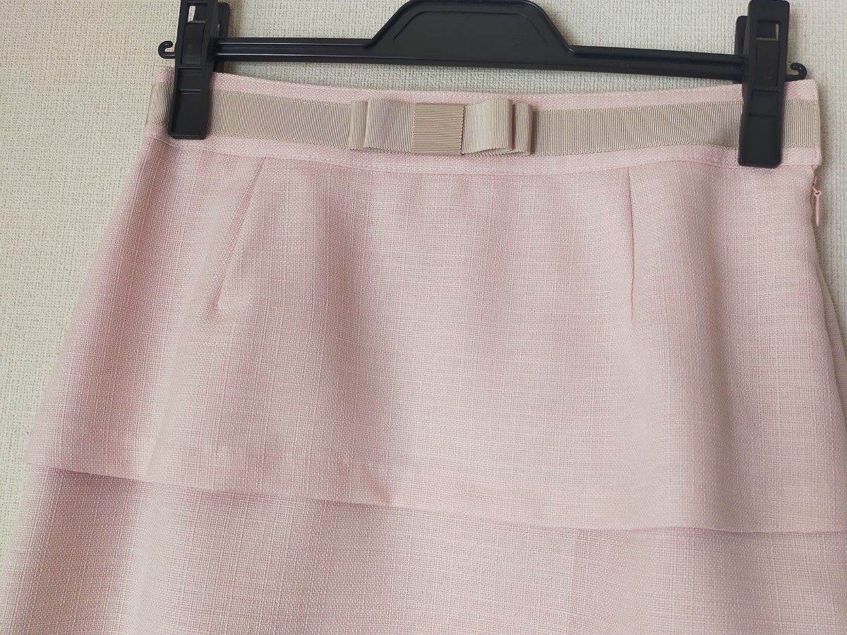 【未着用】ティアードスカート ピンク 膝丈 3段 Aライン リボン 春夏 日本製
