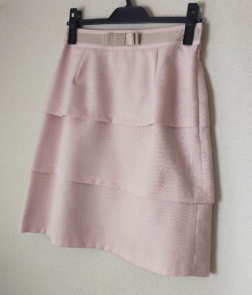 【未着用】ティアードスカート ピンク 膝丈 3段 Aライン リボン 春夏 日本製
