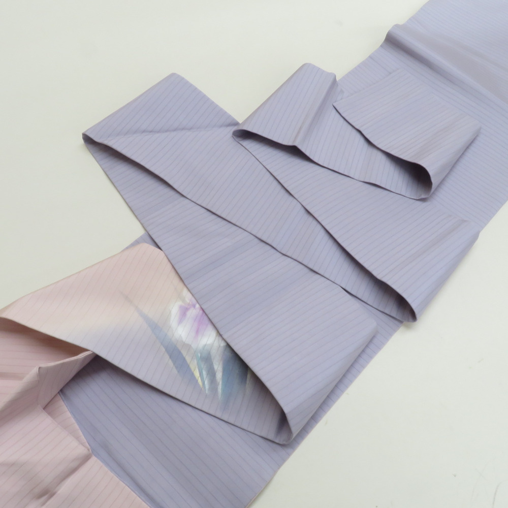 名古屋帯 絽 夏用 菖蒲 手描き 桃色 紫色 染め分け 芯入り仕立て 正絹 着物帯 長さ368cm_画像6