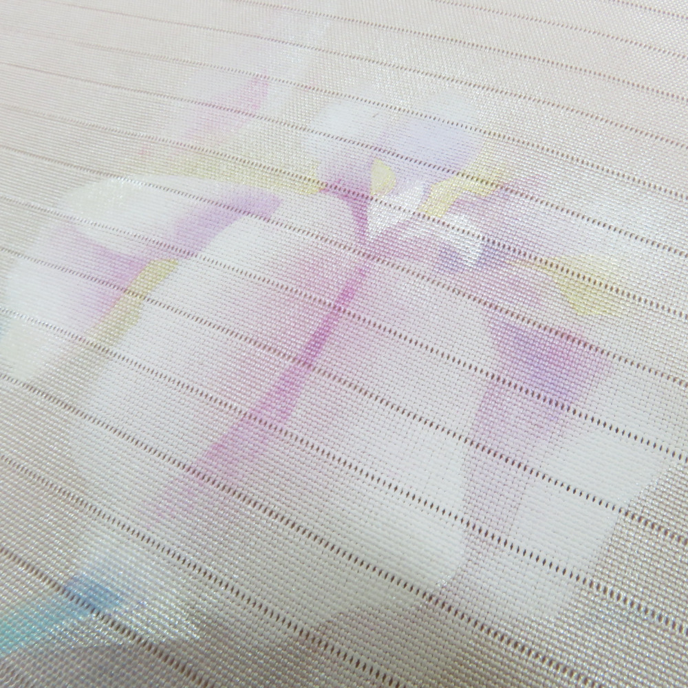 名古屋帯 絽 夏用 菖蒲 手描き 桃色 紫色 染め分け 芯入り仕立て 正絹 着物帯 長さ368cm_画像4