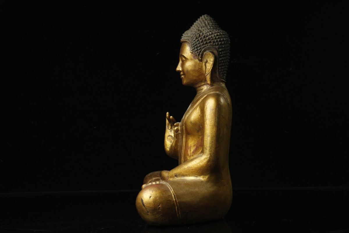 【LIG】タイ仏教美術 スコータイ時代 木彫金彩 釈迦如来坐像 41㎝ 時代古玩 コレクター収蔵品 [.QW]24.3_画像8