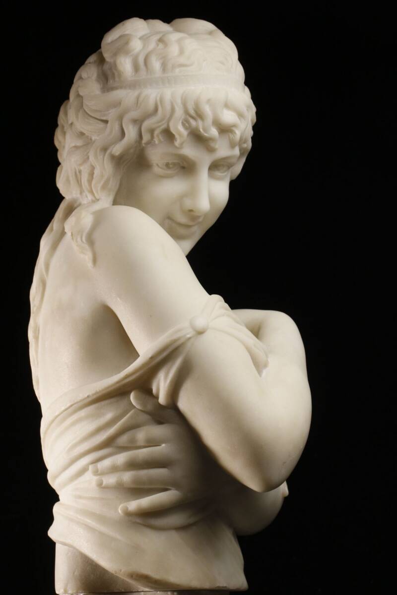 【LIG】19世紀 フランス 大理石彫刻 女性胸像 特大59㎝ 36㎏ 台座付き 美人像 細密彫刻 西洋美術 [.WIY]23.5の画像9
