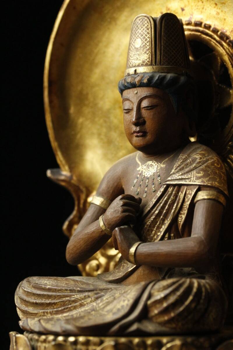 【LIG】時代仏教美術 木彫金彩 大日如来像 28㎝ 寺院引取品 [.RQ]24.3_画像10