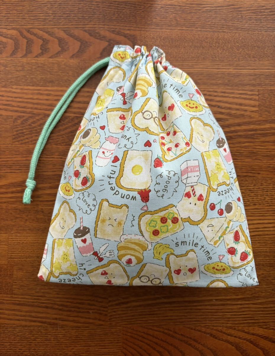 Smile bread pouch 25.×20. hand made lunch sack emerald string one-side ... reverse side cloth equipped robust . cloth go in . go in . elementary school student case 