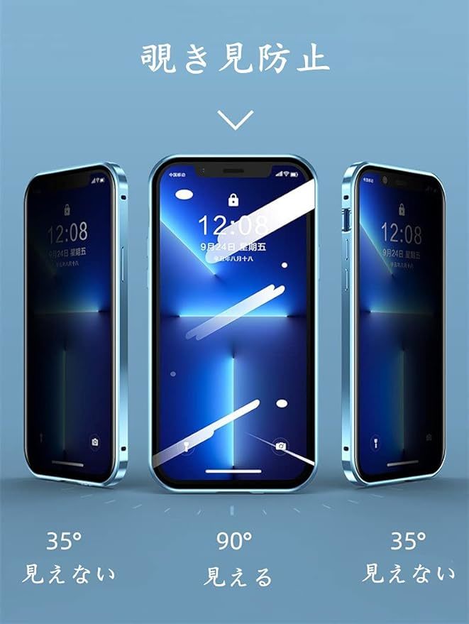 国内発送 ダブル安全ロック付き のぞき見防止 iphone13Pro ケース カメラレンズ保護フィルム アルミバンパー 表裏両面強化ガラス カバーの画像2
