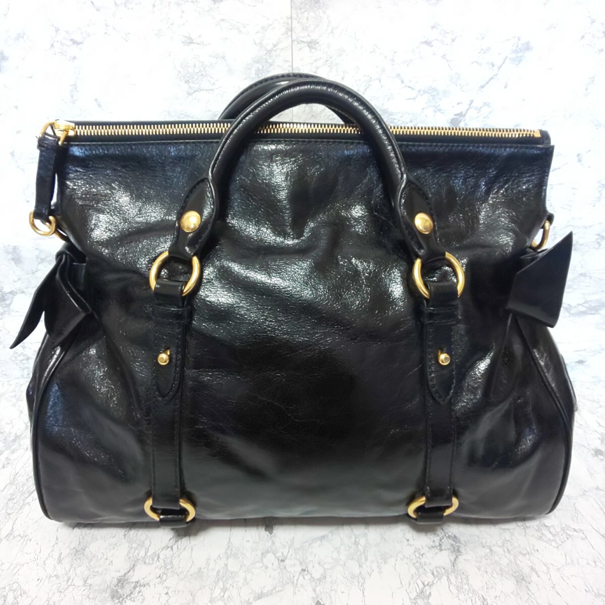 【極美品/布袋付】miu miu VITELLO LUX 2wayミニボストンバッグ ハンドバッグ ショルダーバッグ レザー 本革 NERO ブラック A4サイズ収納可