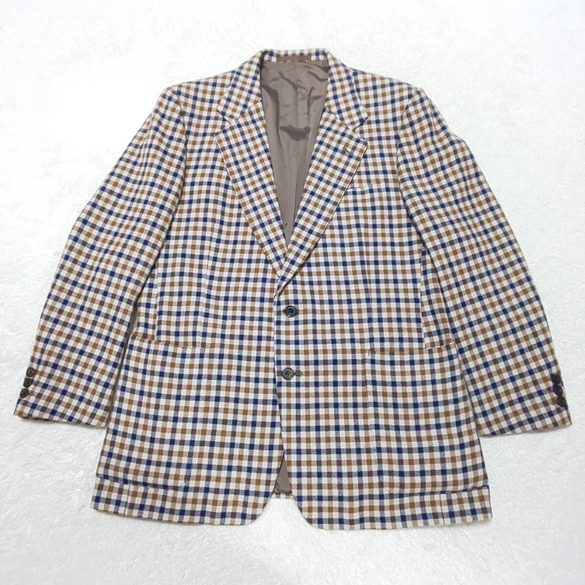 【極美品】Aquascutum アクアスキュータム キュータムチェック テーラードジャケット ブレザー カーキ×ネイビー AB6/L相当 メンズ