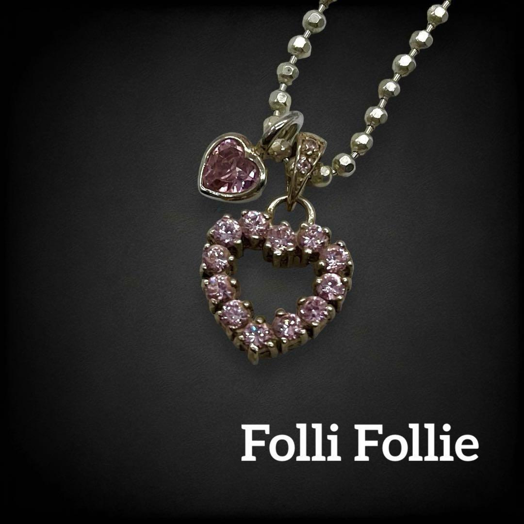 [ beautiful goods ] Folli Follie Folli Follie necklace Heart rhinestone bi juke rear SV925 Vintage 2 ream silver pink 633