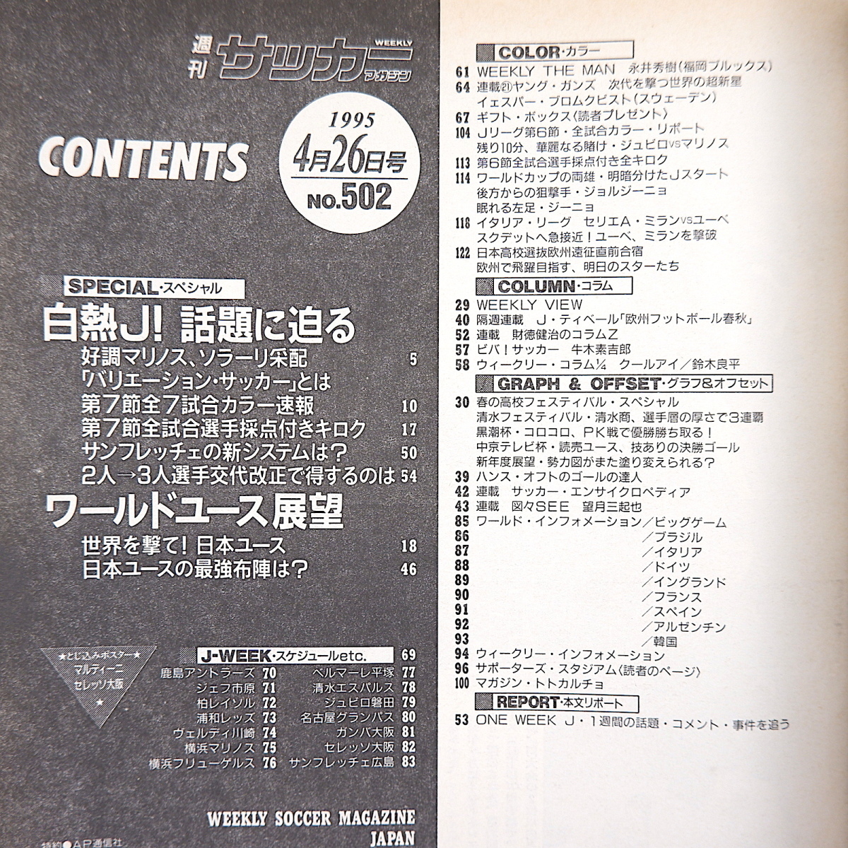 週刊サッカーマガジン 1995年4月26日号◎マリノス好調/ソラーリ采配/サンフレッチェ ワールドユース/中田英寿/松田直樹 永井秀樹 高校選抜_画像5