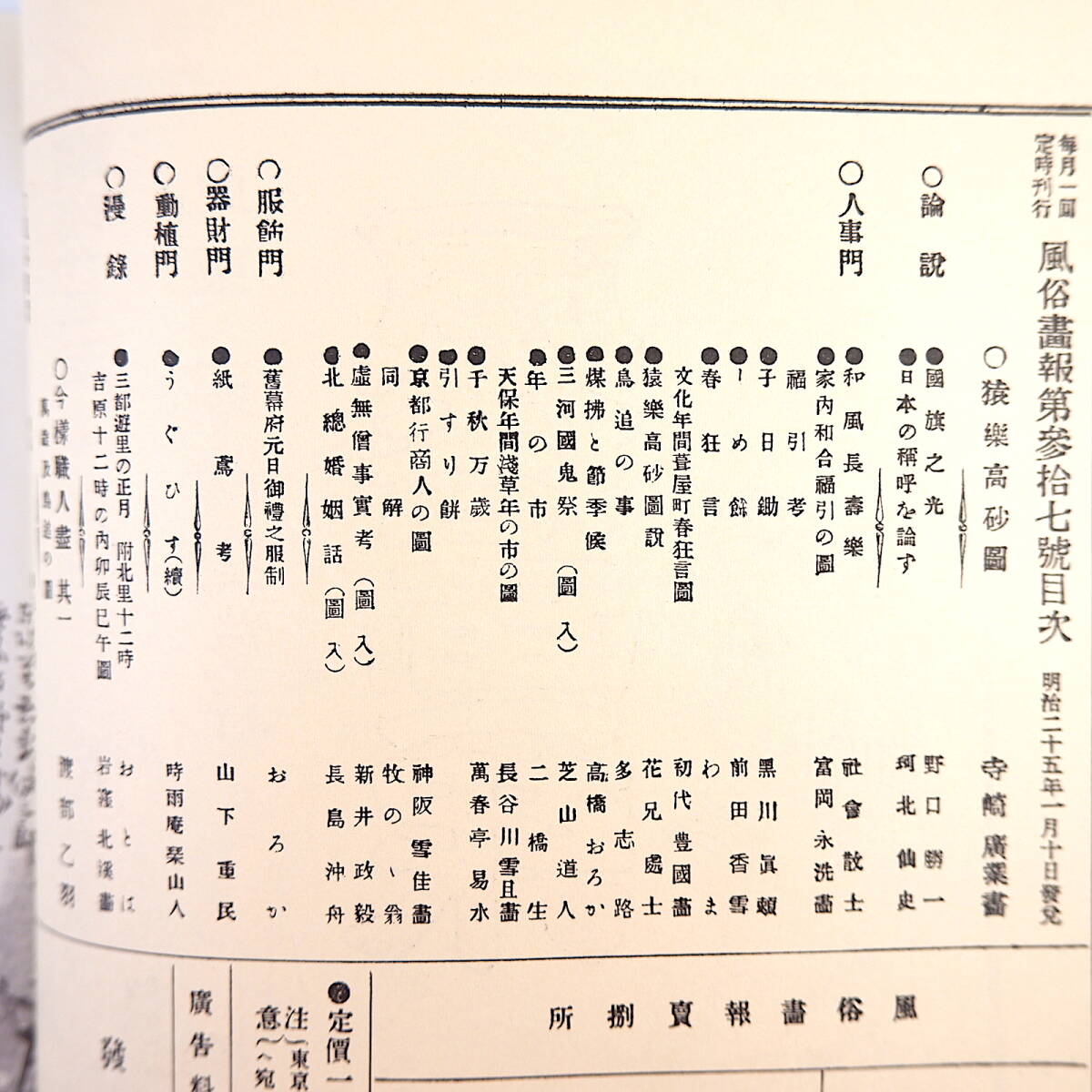 【復刻版】風俗画報 第37号 明治25年1月／猿楽高砂図 論説◎国旗之光・日本の呼称を論ず 福引考 春狂言 浅草寺 しめ飾 東陽堂 明治文献_画像5