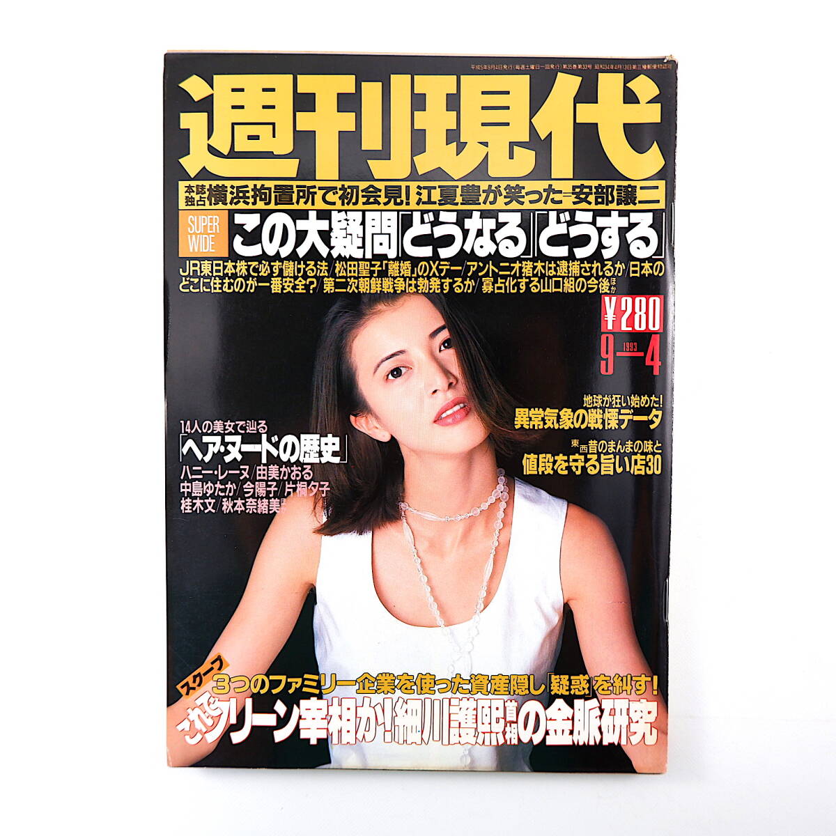 週刊現代 1993年9月4日号◎表紙/池田しょう子 安部譲二/江夏豊 細川護煕 1ドル80円時代 ヌードの歴史 異常気象 高市早苗 石神井公園ワニ_画像1