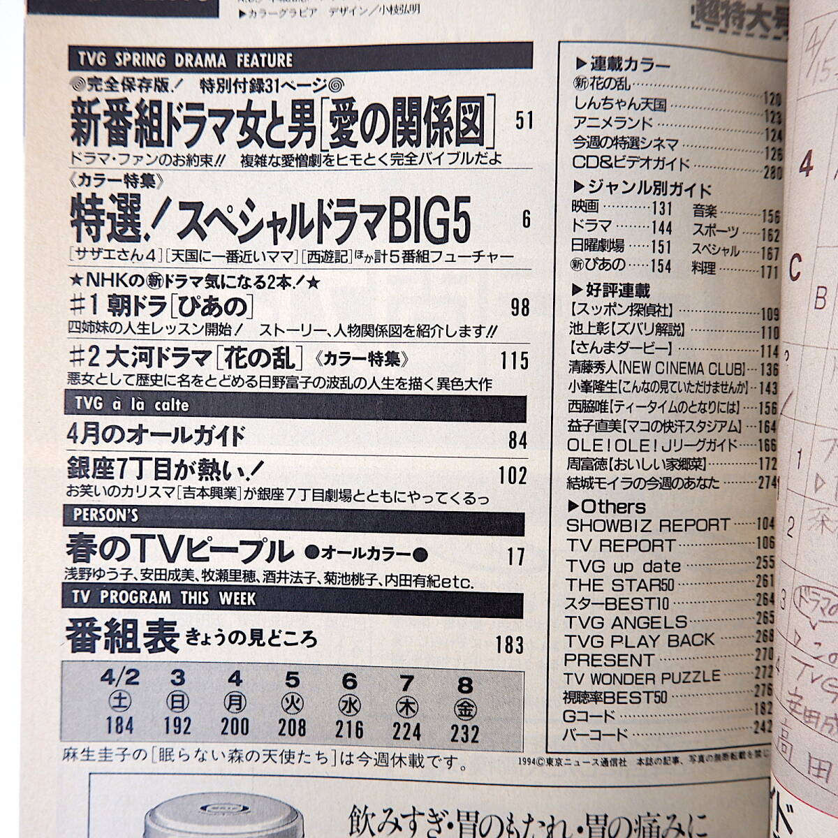 TVガイド（広島版）1994年4月8日号／内田有紀 純名里沙 西田ひかる 持田真樹 安達祐実 矢沢永吉 石田ゆり子 田村正和 高嶋政伸 郷ひろみ_画像5