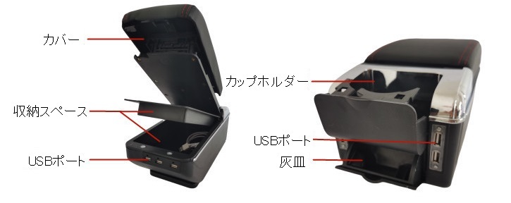 USBポート付 汎用 コンソールボックス アームレスト 車肘置き スマホ充電 肘掛け 小物入れ 収納ボックス ホルダー 後部ブラックの画像4
