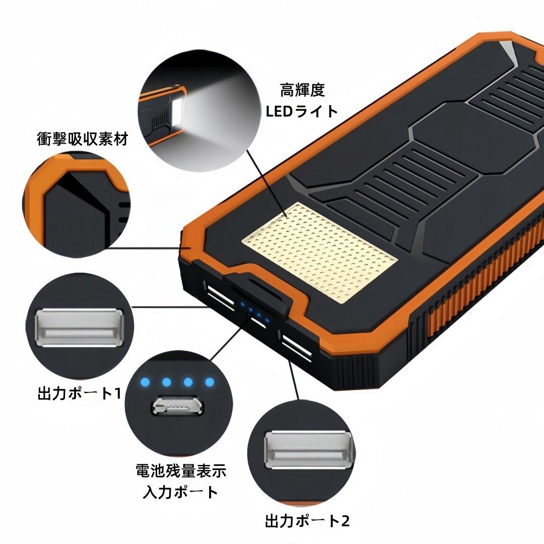 ソーラーモバイルバッテリー 20000mAh ソーラーチャージャー　超大容量 軽量 LEDライト　PSE認証