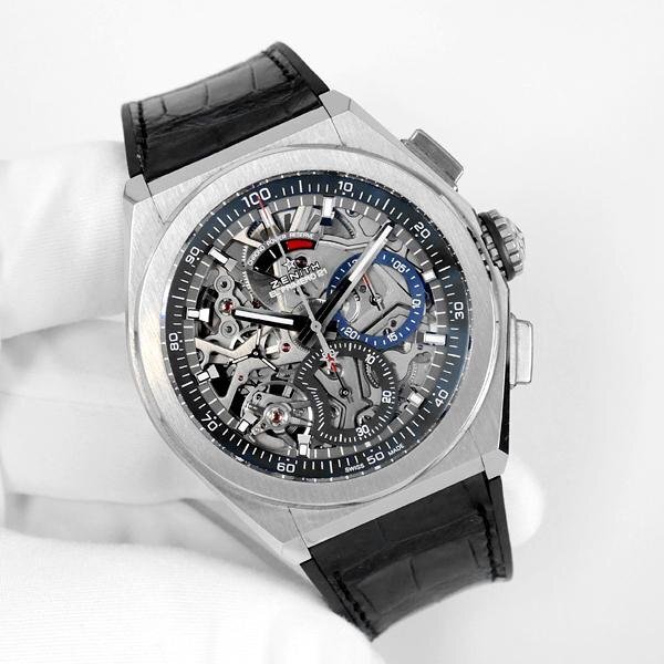 交換無料! エルプリメロ デファイ ゼニス ZENITH 21 付属完備 エル・プリメロ 95.9000.9004/78.R582 グレー文字盤 レザー 黒 スケルトン クロノグラフ ゼニス