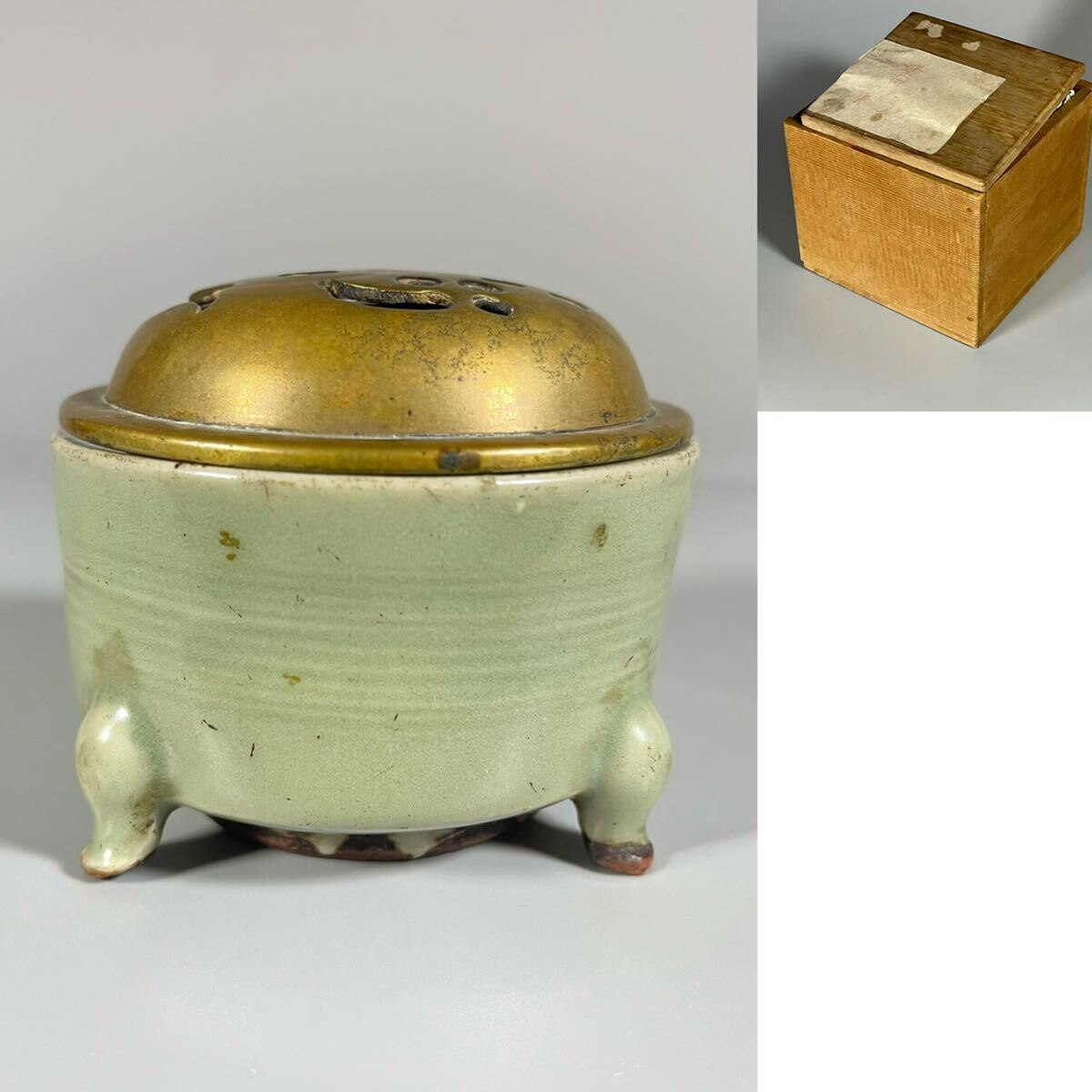 時代　青磁　香炉　銅火屋付　箱付　直しあり　香道具　唐物　中国古美術　サイズ：高4.8cm_画像1