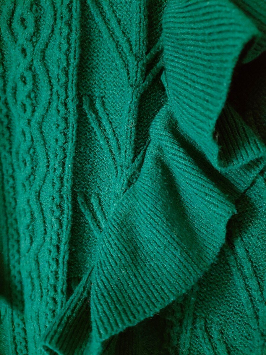 Heather ヘザー、ケーブルニット グリーン 緑 長袖 ハイネック フリル セーター ニット 秋冬_画像7