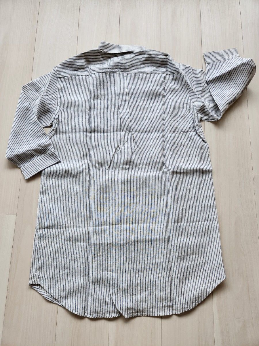 無印良品フレンチリネン七分袖ロングシャツレディース白×ネイビーストライプMサイズ麻100%