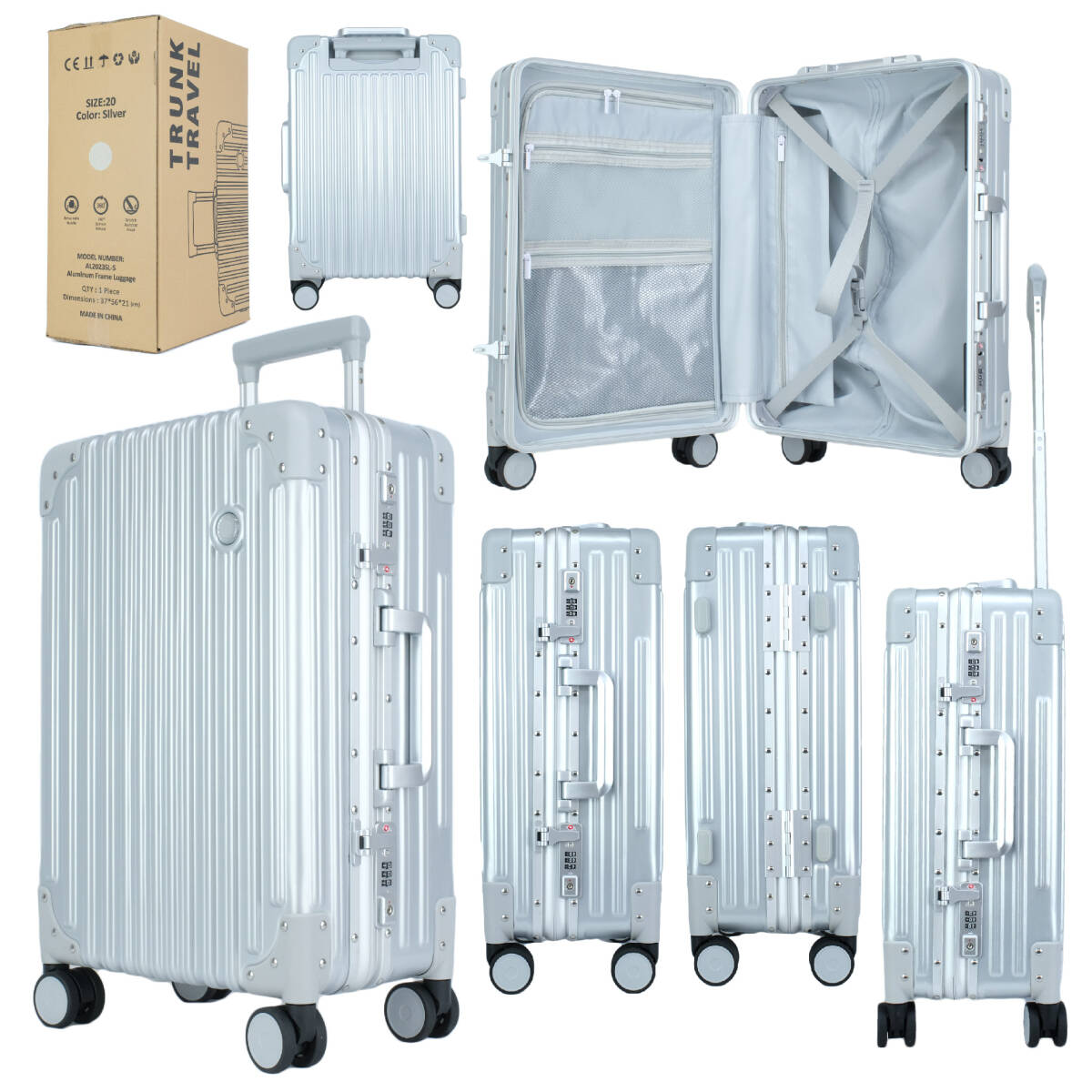新品 格安セール キャリーケース シルバー Mサイズ スーツケース 60L 5～7泊 アルミフレーム 軽量 頑丈の画像6