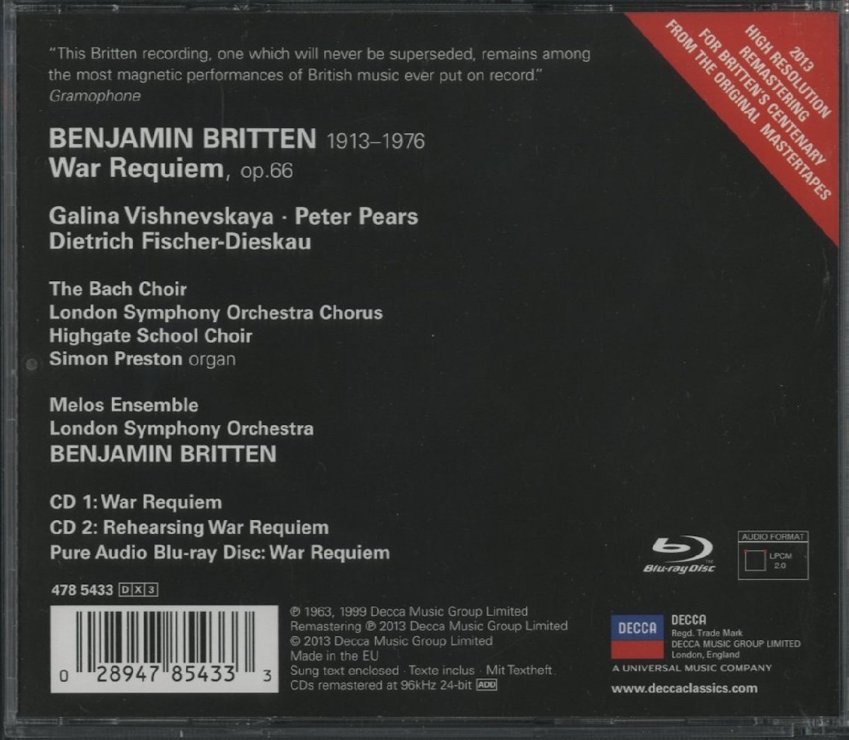 CD/3CD / ヴィシネフスカヤ、ピアーズ、ブリテン 他 / ブリテン：戦争レクィエム / 輸入盤 3枚組 Blu-ray-Audio付 4785433 40423_画像2