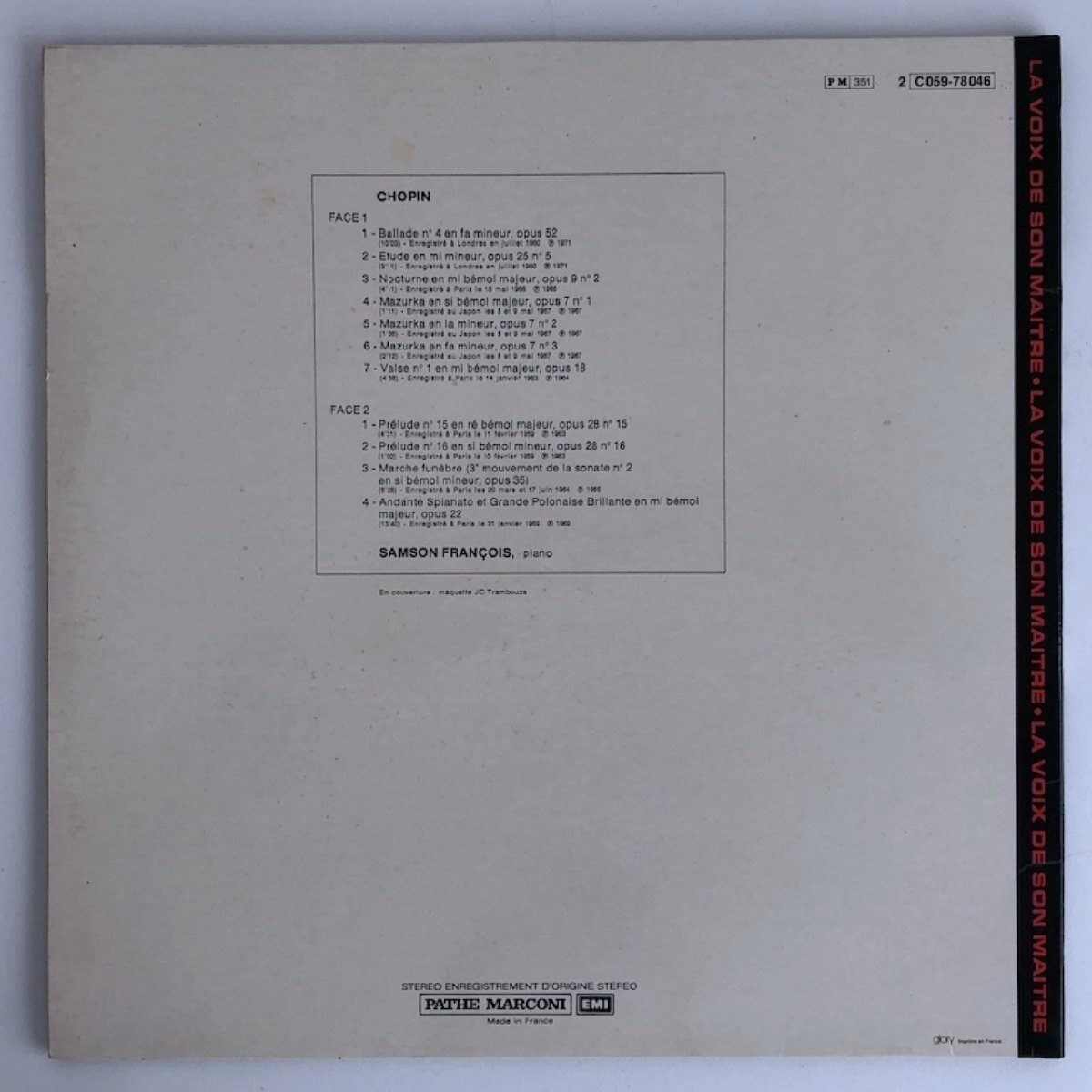 LP/ サンソン・フランソワ / ショパン：ピアノ作品集 / フランス盤 EMI 2CM059-78046 40401の画像2