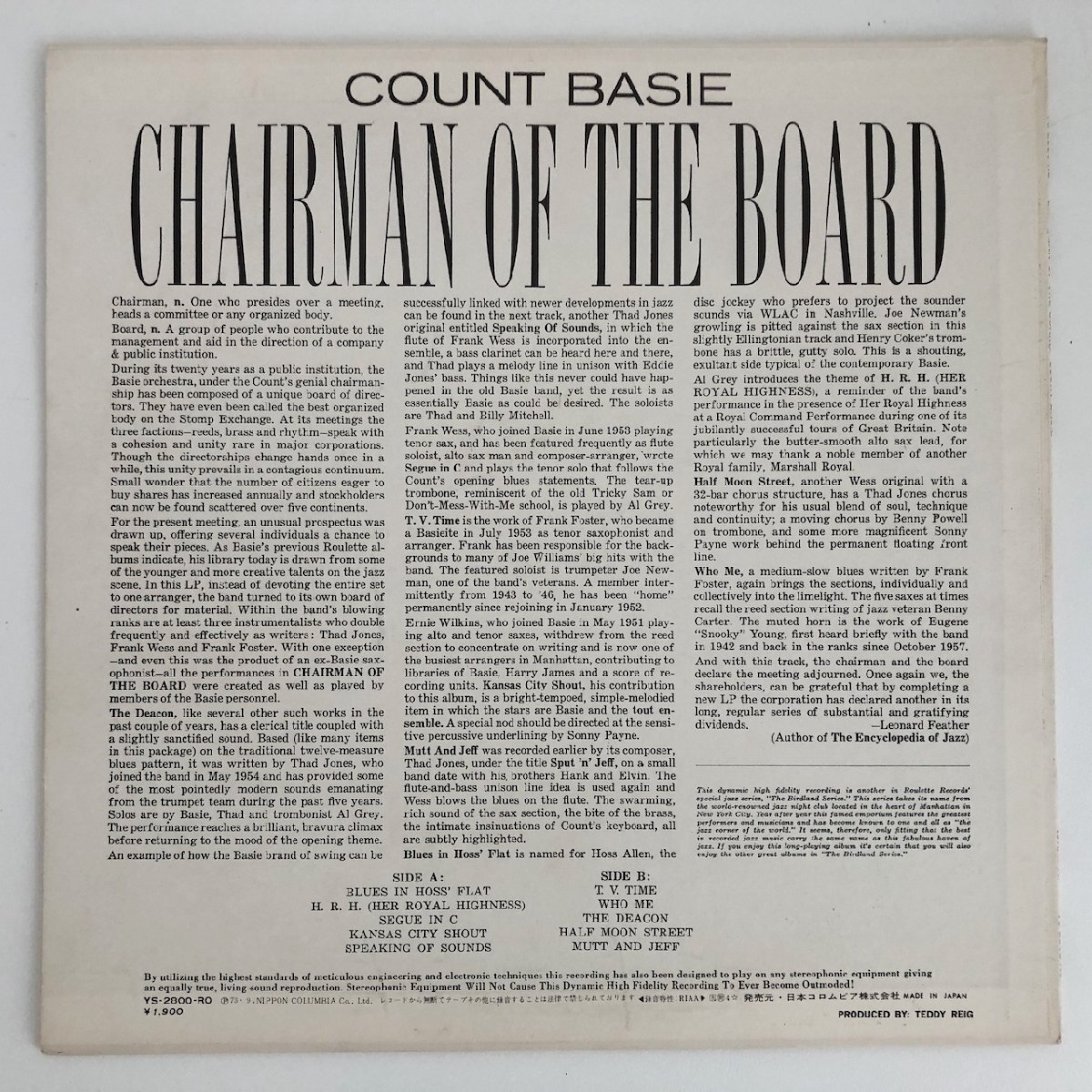 LP/ COUNT BASIE / CHAIRMAN OF THE BOARD / カウント・ベイシー / 国内盤 ライナー ROULETTE YS-2800-RO 40412_画像2