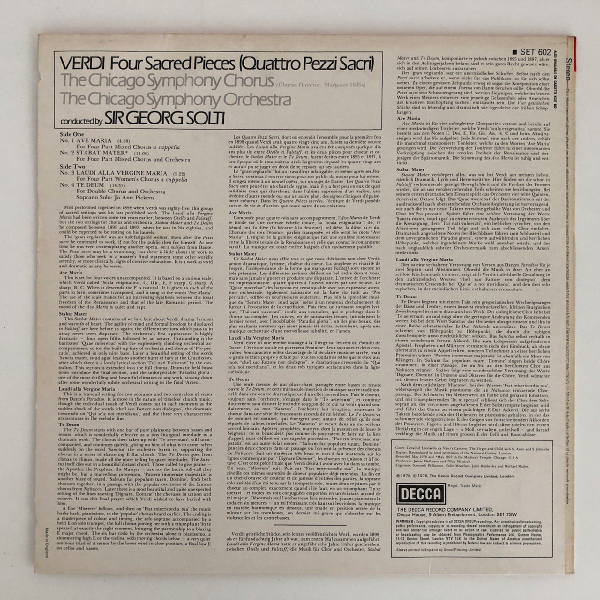 LP/ ショルティ、シカゴ交響楽団 / ヴェルディ：聖歌四篇 / UK盤 オリジナル ED4 DECCA SET602 40416_画像2