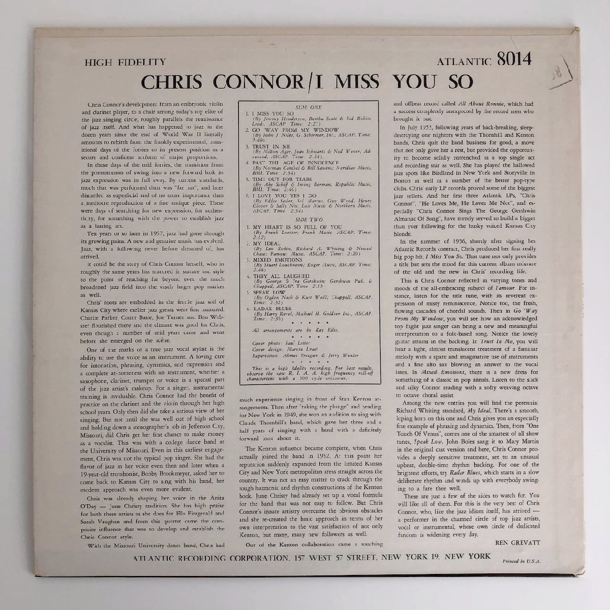 LP/ CHRIS CONNOR / I MISS YOU SO / US盤 オリジナル 黒ラベル DG コーティングJK ATLANTIC8014 40427-7499_画像2