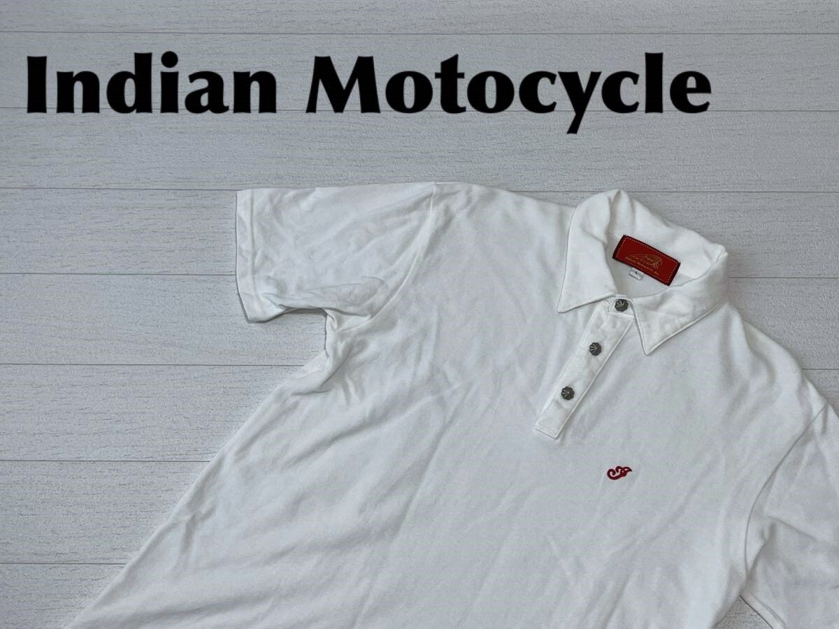 ☆送料無料☆ Indian Motocycle インディアンモトサイクル 古着 半袖 ワンポイント ポロシャツ 日本製 メンズ L ホワイト トップス 中古_画像1