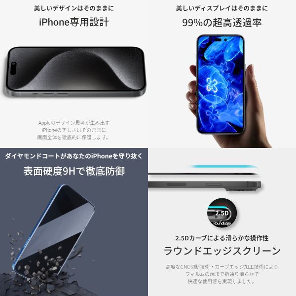 iPhone 15 ProMax 全面保護 強化ガラスフィルム 日本旭硝子素材採用 9H 耐衝撃 自動吸着 99%透過率_画像6