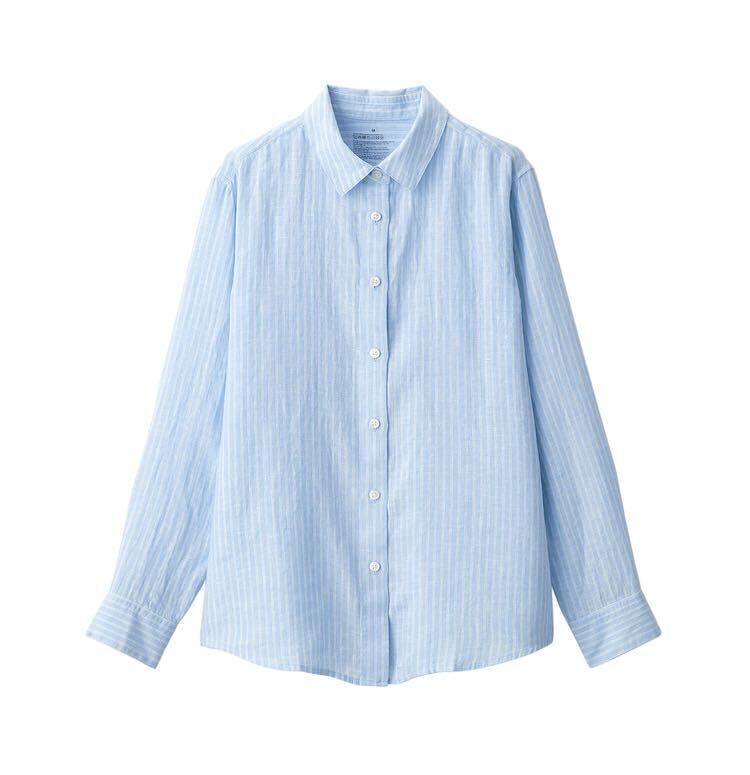 【上質】リネン洗いざらしレギュラーカラー長袖シャツ ライトブルー Mの画像1