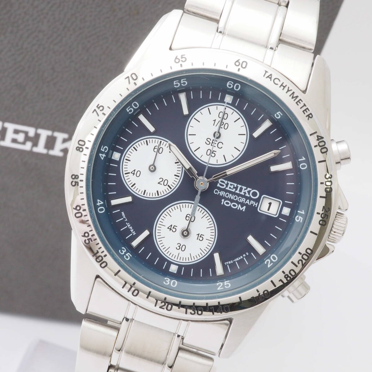 【希少品】セイコー クロノグラフ 7T92-0DW0 A0 SEIKO CHRONOGRAPH 100M デイト SS クォーツ 紺文字盤 メンズ 腕時計+元箱[071427-ZC3の画像1