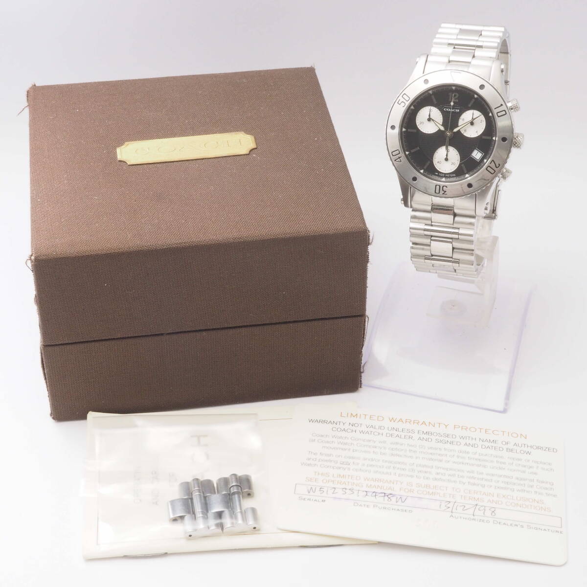 コーチ クロノグラフ W512 COACH デイト クォーツ ブラック×シルバー文字盤 メンズ 男性 腕時計+元箱[5084988-ZD5の画像2